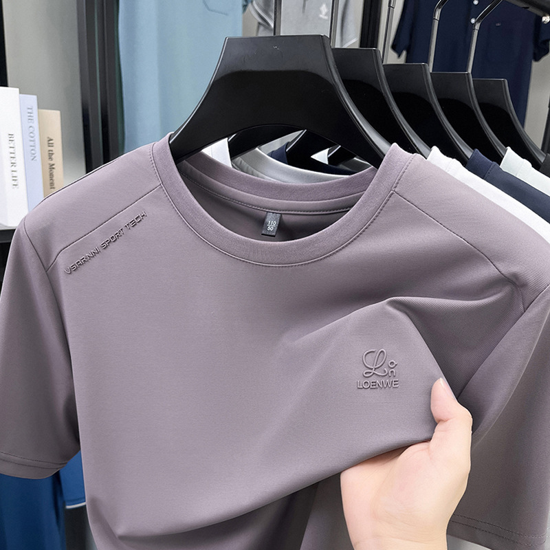 涼しい通気性のある生地ラウンドネック半袖 Tシャツメンズ夏ルーズカジュアルアイスシルク半袖 Tシャツ紳士服|undefined