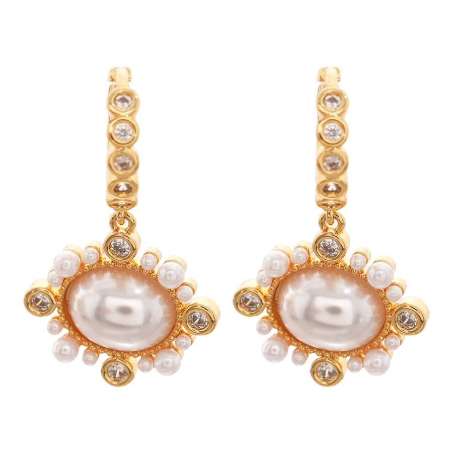 Pendientes de perlas ovaladas de circón de galvanoplastia de oro real de 18 quilates estilo palacio retro pendientes exquisitos diseño sentido de nicho