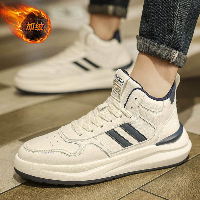 Men's Shoes 2025 Autumn and Winter New High-Top Casual White Shoes Men's Fleece-Lined Warm Sports Sneakers College Style Cotton Shoes