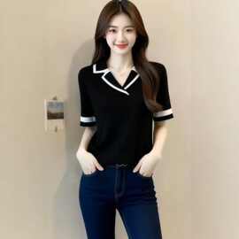 仅用于产品展示勿拍-撞色翻领冰丝短袖t恤女2026新款夏季POLO衫宽