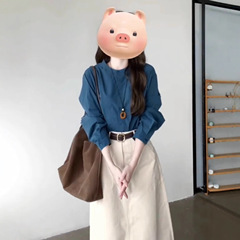 法式湖蓝色圆领长袖衬衫女装2025秋季新款高级感显瘦衬衣气质上衣
