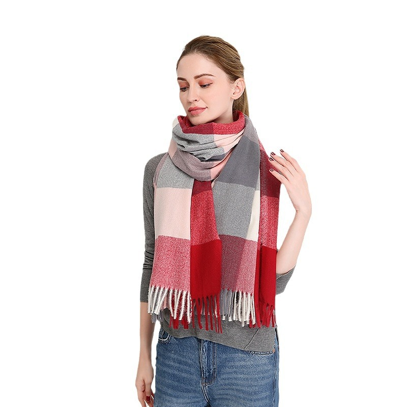 Hot Selling Autumn And Winter New Item Color Blocked Plaid Scarf In Europe And America Long Warm Tassel Shawl_voghion.com