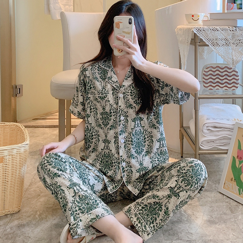 Pajamas Women's Summer Cotton Silk Thin Cotton Silk Cardigan suit plus size Artificial Cotton Short-sleeved Trousers Outwear Pajamas Women's Summer Cotton Silk Thin Cotton Silk Cardigan suit plus size Artificial Cotton Short-sleeved Trousers Outwear