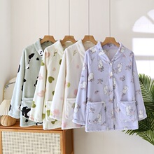 秋冬法兰绒上衣女开衫加绒加厚珊瑚绒外套休闲睡衣卡通可爱双面绒