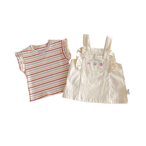 Striped T-shirt for Girls 2025 Summer Baby Sweet Korean Style Base Shirt Children Embroidered Bear Overalls