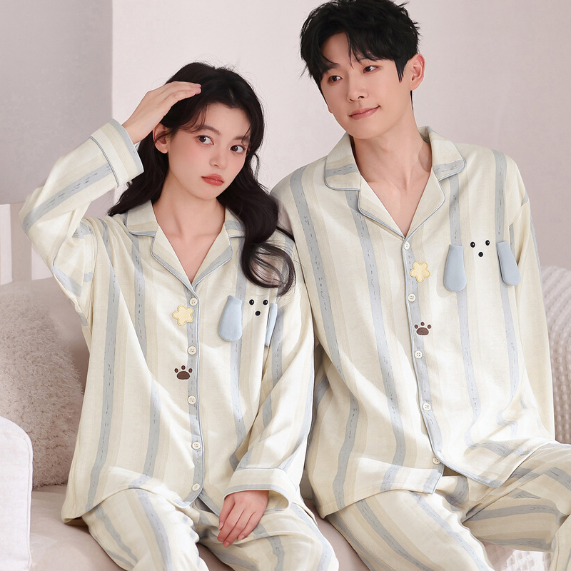 Wholesale men's and women's couple's long-sleeved long-pants pure cotton pajamas cardigan two-piece set live streaming cross-border home wear two-piece set Wholesale men's and women's couple's long-sleeved long-pants pure cotton pajamas cardigan two-piece set live streaming cross-border home wear two-piece set