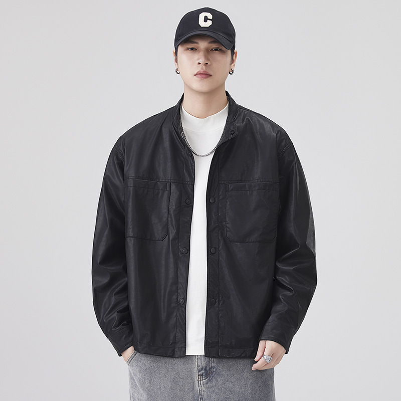Stand Collar Motorcycle Black Leather Pu Jacket Men's Spring and Autumn 2025 New Handsome Versatile Top Stand Collar Motorcycle Black Leather Pu Jacket Men's Spring and Autumn 2025 New Handsome Versatile Top