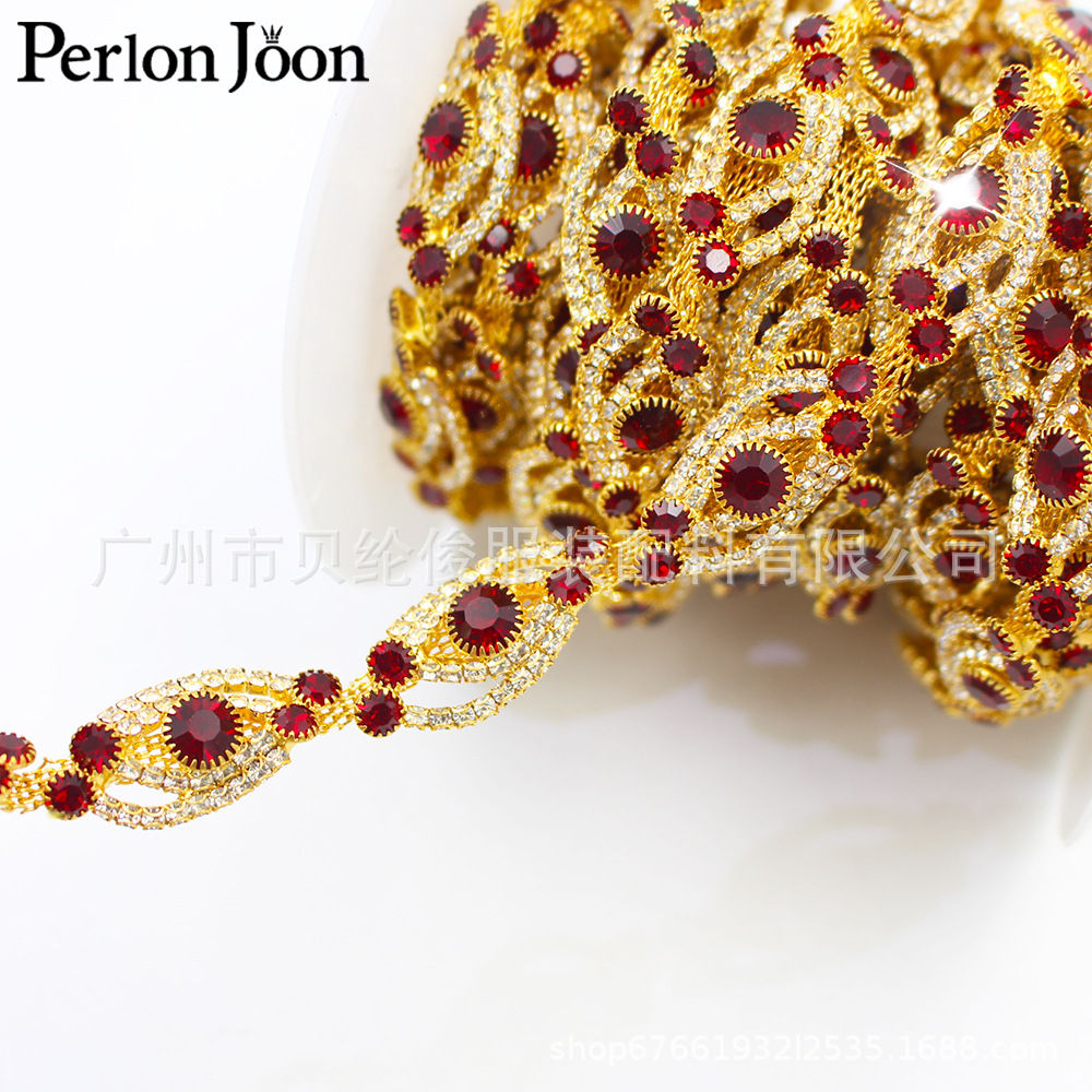 礼服服装辅料马眼形状红色水钻金色码链高品质烧焊金属链厂家