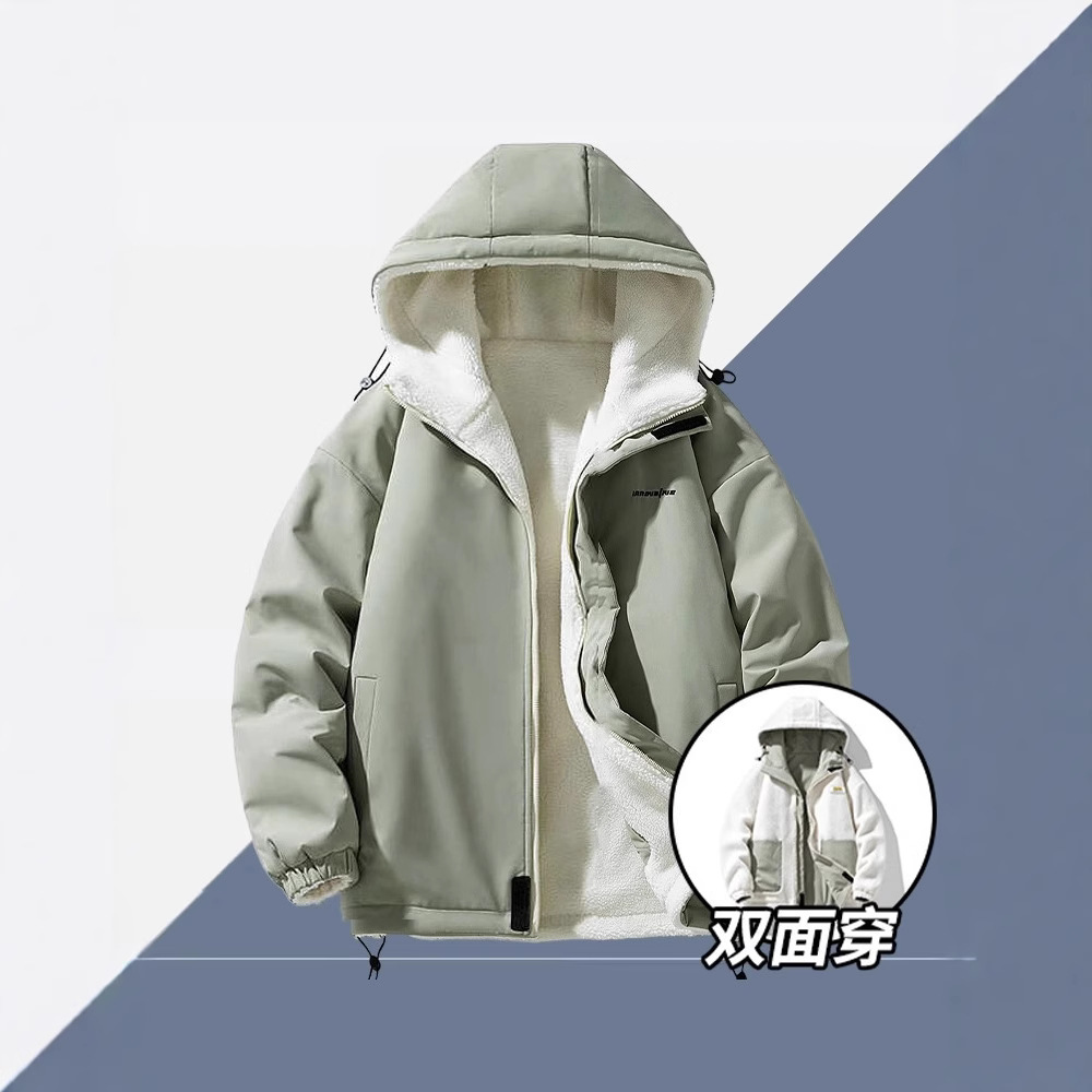 NASA 양면 커플 겨울 소년 캐주얼 양고기 울 오버 코트 방수 후드 기모 코튼 코트 트렌디 브랜드