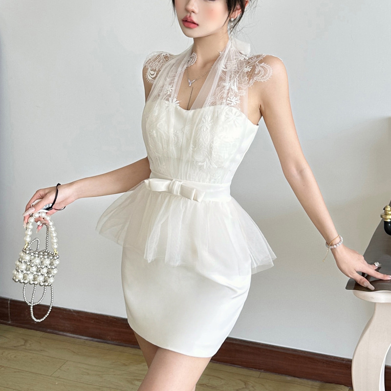 Cross-Border European and American Style 2025 New Summer Women's Clothing Sweet Lace Splicing Gauze Skirt Sleeveless Design Short Skirt Dress