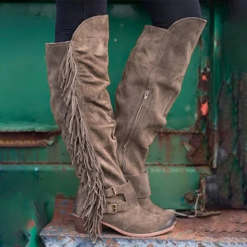 Amazon Xiyin Export New 2025 Winter New European and American Style Thick Heel Large Size Long Tassel Boots Women's Boots