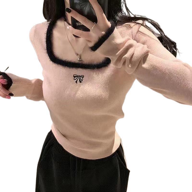 方领德绒打底秋冬新款时尚纯欲洋气设计长袖撞色T恤短款上衣拼接