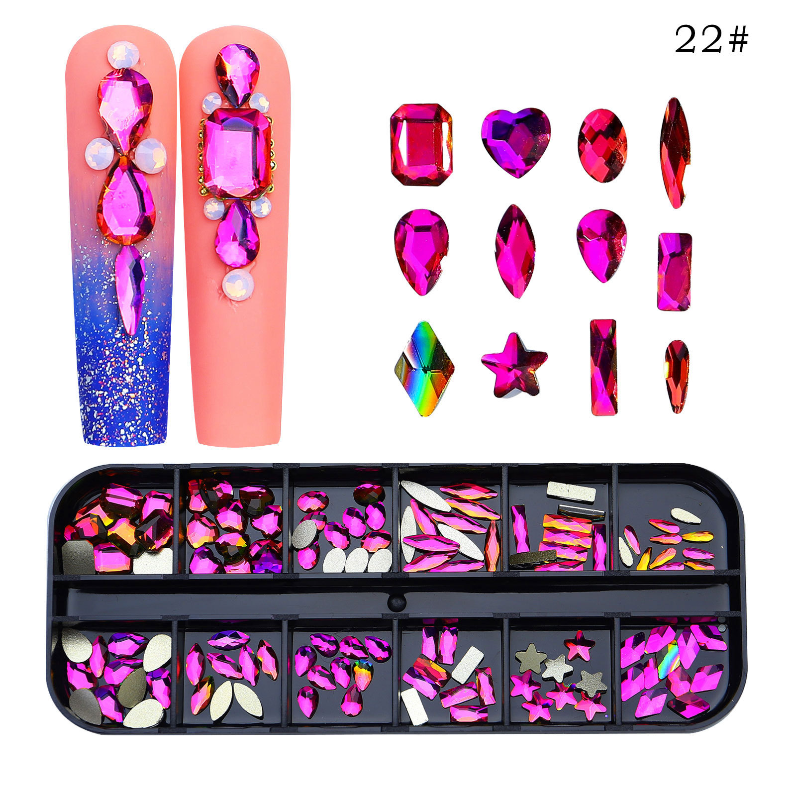 Transfronterizo nuevo taladro de uñas de 12 rejillas de forma especial diamante plano rhinestone AB joyería de uñas decoración de uñas de diamantes ventas directas de la fábrica