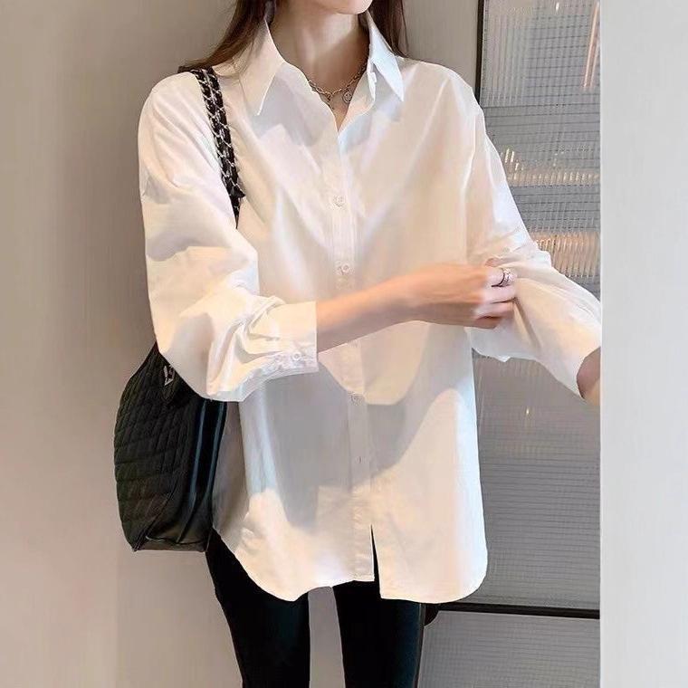 白衬衫女纯棉新款春秋设计感小众洋气女装上衣百搭休闲白色衬衣春|undefined