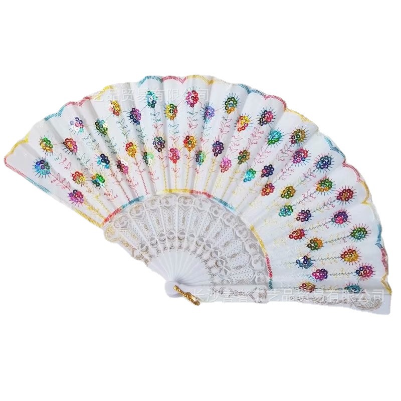 En stock AliExpress ventilador plegable de lentejuelas Amazon ventilador de lentejuelas bordado hecho a mano ventilador de lentejuelas Yongchun fan barra de color
