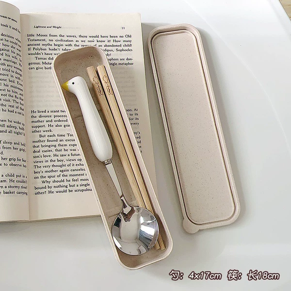 Ceramic yellow goose spoon + chopsticks two-piece set (beige box)