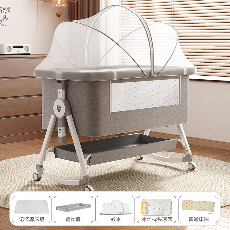 Cama de cuna plegable móvil ajustable de altura, cama de bebé portátil, cama de empalme para bebé multifuncional
