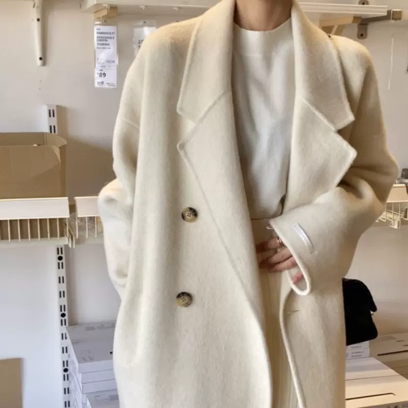 高品质婴驼绒双面羊绒大衣女中长款韩版宽松双排扣西装领毛呢外套