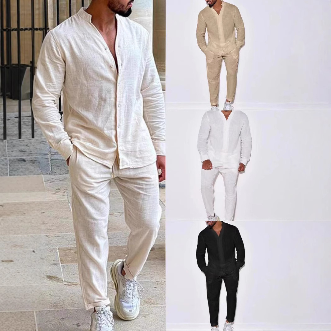 001 Grenzüberschreitender europäischer und amerikanischer Herren-Leinenanzug für den Herbst, lässig, mit langen Ärmeln, modisch, Arbeitskleidung, Sportbekleidung_voghion.com