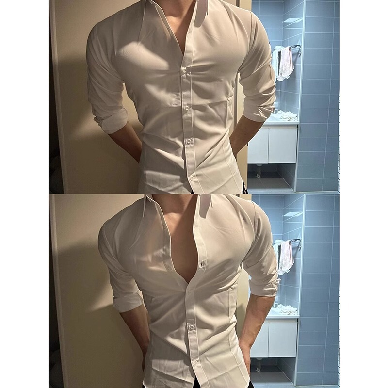 White Abstinence-Style Naples Long-Sleeved Shirt for Summer, Showcasing Muscle Definition, Mature and Stable Men's Fashion, Slim-Fit Shirt