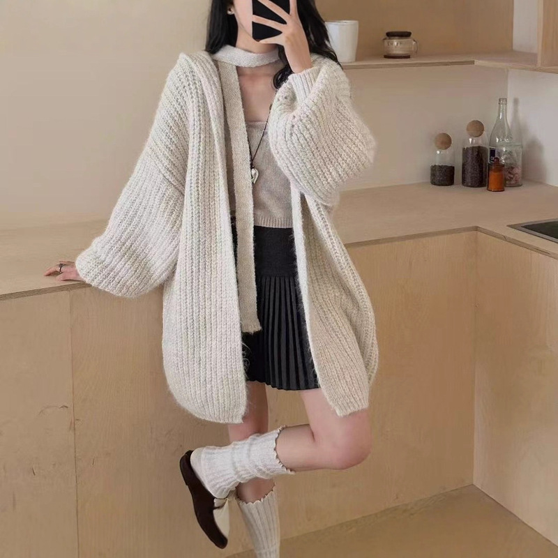 韩系高级感v领开衫毛衣外套女秋冬新款宽松慵懒收腰绑带针织上衣|undefined