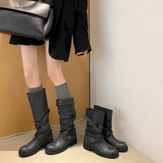 两个版本复古英伦风粗跟高筒骑士靴女新款圆头皮带扣堆堆靴长筒靴