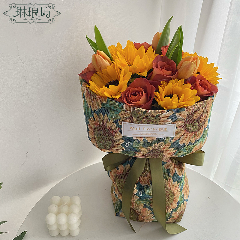 Nueva tela vintage lienzo flor papel de embalaje redondo ramo arte girasol envoltura papel flor Tienda materiales tienda