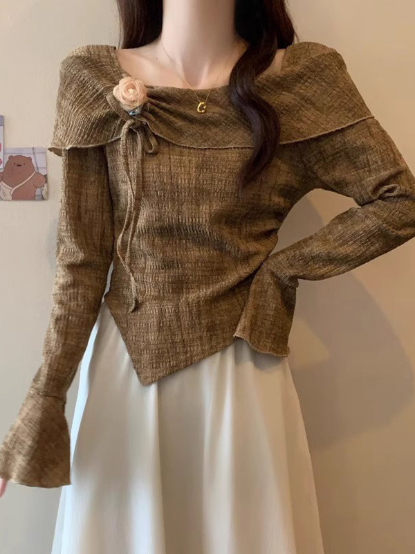 Maillard Off-Shoulder Tie-Dye Long-Sleeve T-Shirt for Women, Autumn New Plus-Size, Plus-Size, Bell-Sleeve, Three-Dimensional Floral Top