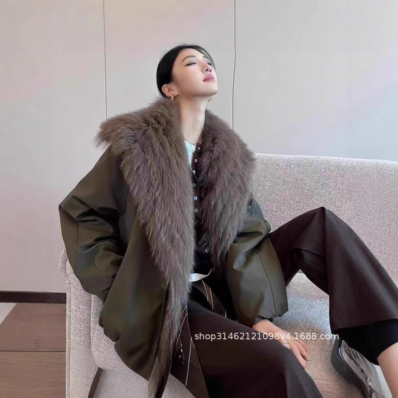 Cross-Border 2025 Winter Popular Oversized Striped Fox Fur Collar Fur Outwear Warm Goose down down Jacket Top Party
