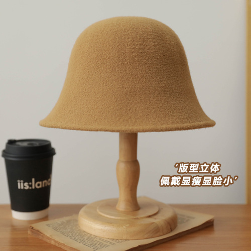 Wide brim small fisherman hat showing face, autumn and winter woolen warm dome basin hat Japanese solid color versatile table lamp hat for girls