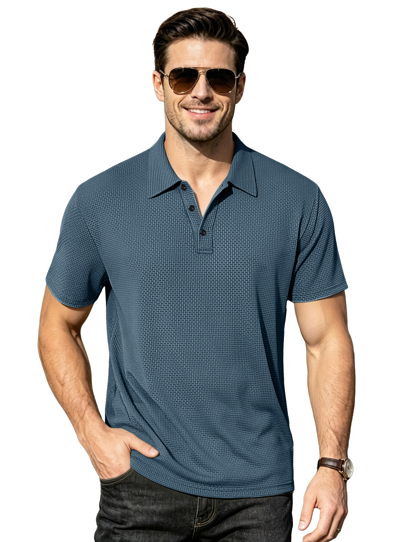 Transfronterizos europeos y americanos ebay verano hombre camiseta de seda de hielo transpirable delgada solapa de color sólido casual americano de manga corta grande