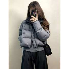 韩版百搭撞色灰色短款棉服2025冬季新款设计感加厚保暖面包服外套