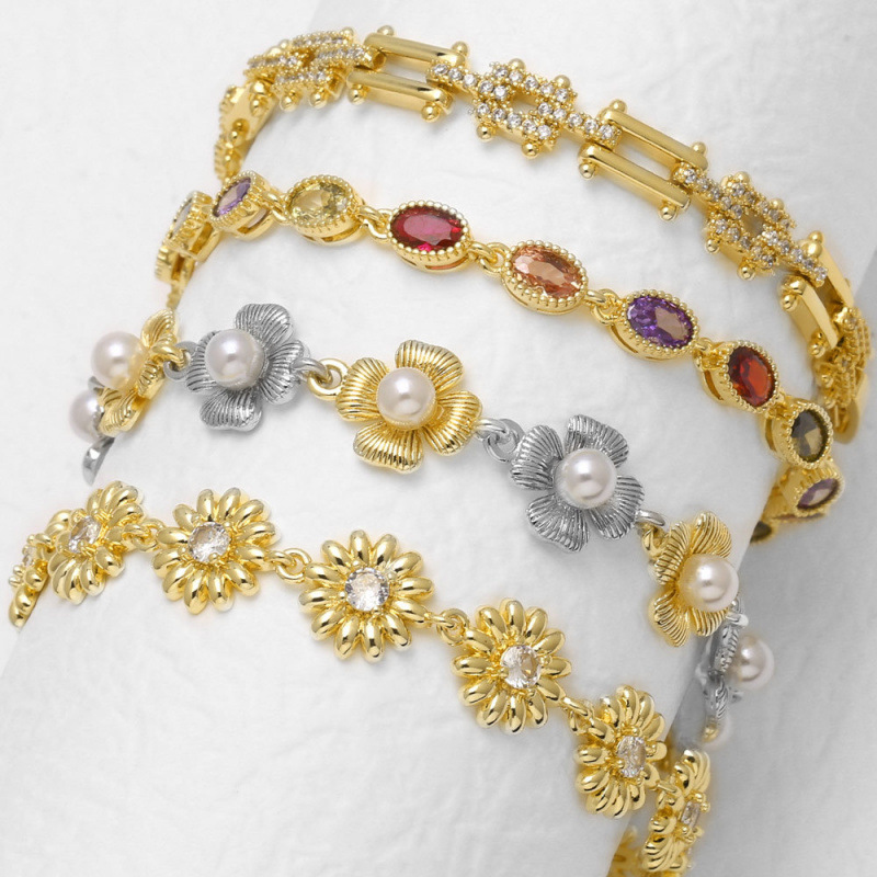 AS Jewelry European and American Cross-Border High-End Best-Selling Pearl Flower Colorful Zircon 18k Gold Plated Bracelet brn62