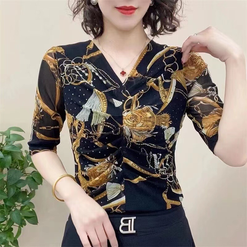 T-Shirt Women's 2023 Summer New Leopard Print Sexy Elegant Lace Mesh Base Shirt Women's Western Style Mid-Sleeve Top for Women
