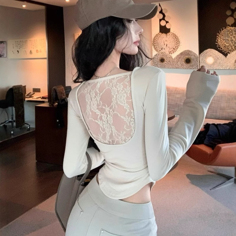 2024 autumn and winter sexy hot girl wind back hollow lace stitching U-collar long sleeve T-shirt women's inner base shirt