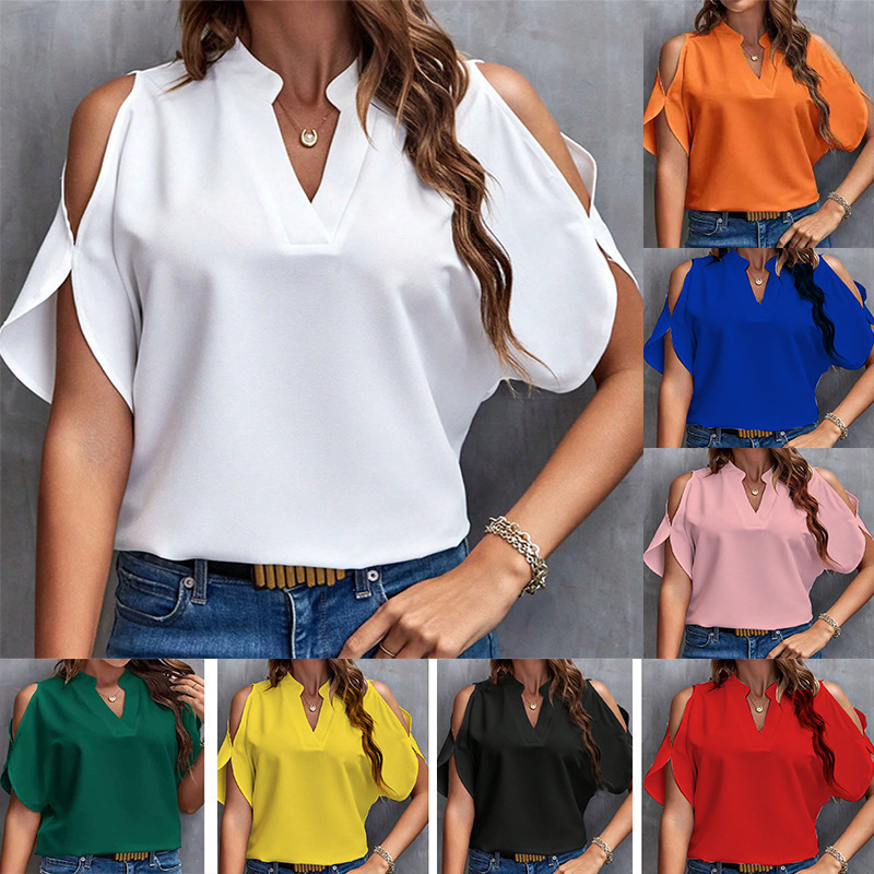 Amazon AliExpress 2024 European and American Foreign Trade Women's New V-neck Elegant Fashion Shoulder Sleeve Women's Top Amazon AliExpress 2024 European and American Foreign Trade Women's New V-neck Elegant Fashion Shoulder Sleeve Women's Top