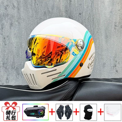 3C Certified Retro Motorcycle Full-Face | Motosiklet kaskı (dəbilqə) - white-caiyun-with-symphony-red-night-vision-transparent-mirror-delivered-y10-soft-wheat-m