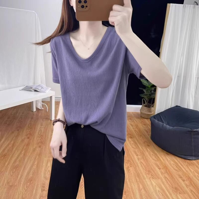 Korean-Style Linen Short-Sleeve White T-Shirt for Women, 2026 Summer New Loose-Fitting Solid Color Breathable V-Neck Thin Top Korean-Style Linen Short-Sleeve White T-Shirt for Women, 2026 Summer New Loose-Fitting Solid Color Breathable V-Neck Thin Top