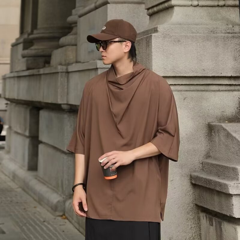 Dark Style J Yohji Yamamoto Ice Silk Niche Design Handsome High Pile Collar Three-Point Medium Short-Sleeved T-Shirt Control