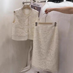ヨーロッパレース刺繍スカートツーピースセット女性のための 2025 夏の新中国風のベストスーツ