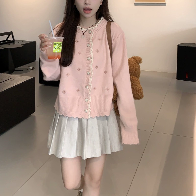 Корейская вышивка маленький цветок кружевной край свитер куртка женский весна и осень новый свободный нежный сладкий стиль трикотажный кардиган