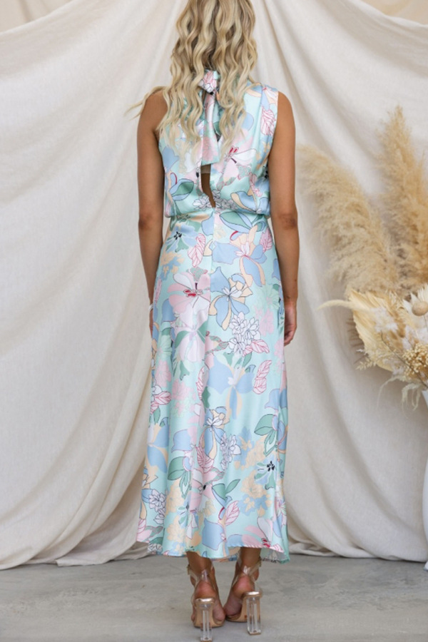 Women's Satin Dress Elegant Turtleneck Printing Sleeveless Flower Maxi Long Dress Banquet display picture 4