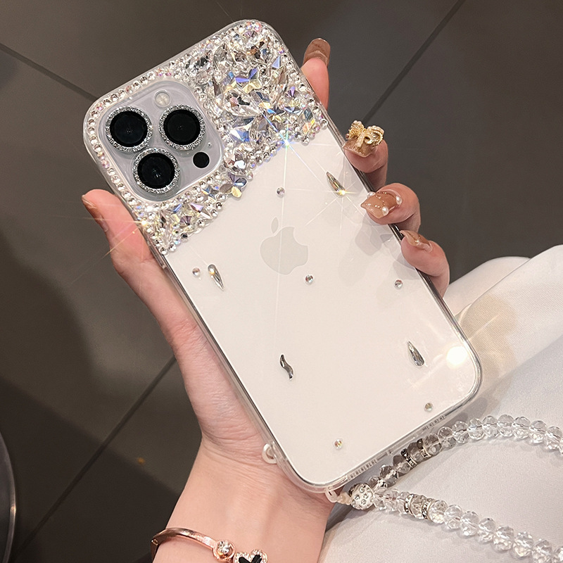 适用苹果16/17pro透明手机壳水钻女款iphone15挂绳13/14全包硅胶x
