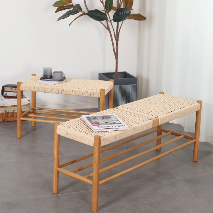 Nordic Oak Solid Wood Shoe Changing Stool Cowhide Rope Braided Bed End Long Stool Dining Chair Simple Modern Japanese Style