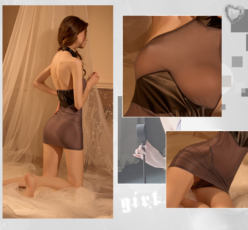 See-Through Hip-Hugging Secretary Skirt Dress, Patent Leather Patchwork, Pull-On Black Lingerie — detail image 6
