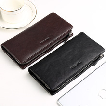 跨境代发曼邦男士钱包长款植鞣头层牛皮搭扣拉链多卡位钱夹票夹