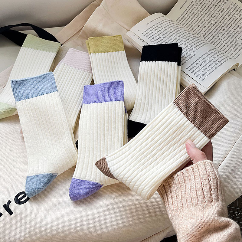 Otoño e Invierno nuevas mujeres de contraste de color doble aguja calcetines de algodón poco Libro Rojo ins calcetines de moda japonés simple pila media pantorrilla calcetines Casuales