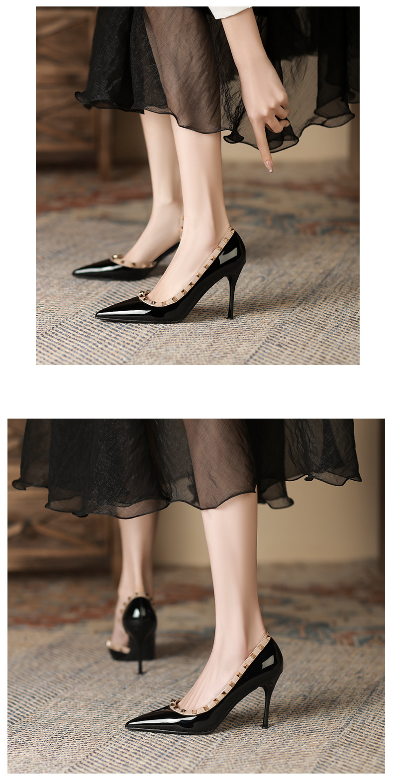 Sandal cao gót nữ mũi nhọn hở mũi đinh tán gót nhọn — Màu đen chi tiết 6