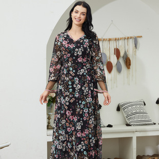 Nc105 Export Floral Dress Spring and Summer New Style Waist-Cinching Fashionable Female Muslim Long Skirt Home Wear