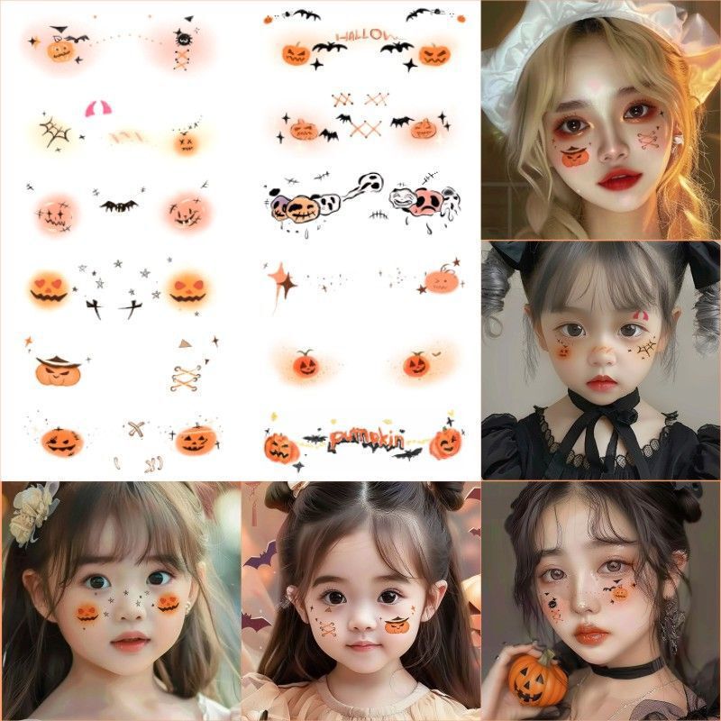 ハロウィーンの小さなクモのメイクのタトゥーはカボチャの愛の頬紅のメイクの顔に顔を飾って傷のフラッシュを貼った|undefined